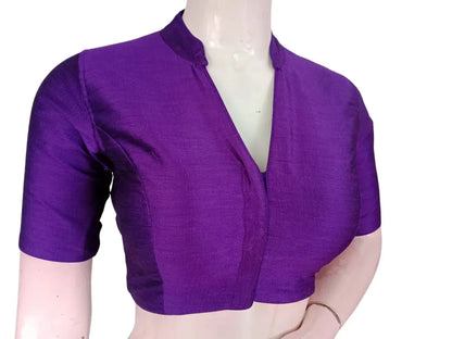 Purple Semi Raw Silk Saree Blouse – Collar Neck, Stitched & Ready to Wear with Cotton Lining - D3blouses