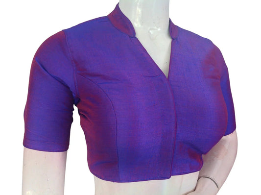 Purple Semi Raw Silk Saree Blouse – Collar Neck, Stitched & Ready to Wear with Cotton Lining - D3blouses