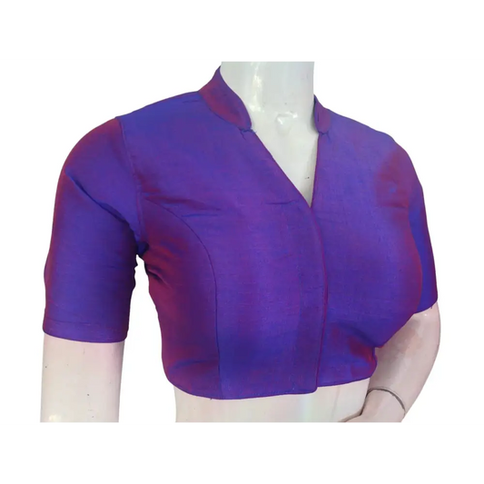 Purple Semi Raw Silk Saree Blouse – Collar Neck, Stitched & Ready to Wear with Cotton Lining - D3blouses