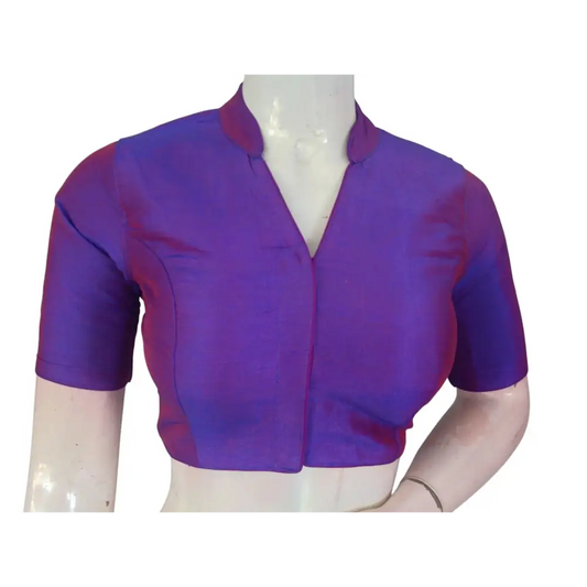 Purple Semi Raw Silk Saree Blouse – Collar Neck, Stitched & Ready to Wear with Cotton Lining - D3blouses