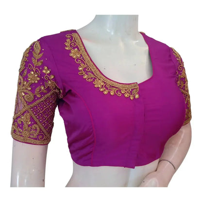 Purple Wedding Silk Saree Blouse with Intricate Aari Handwork - Luxurious - D3blouses