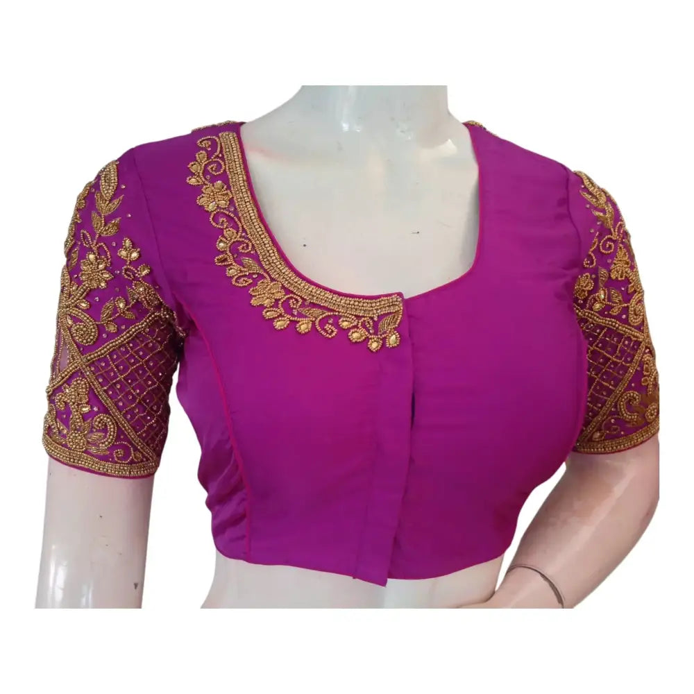 Purple Wedding Silk Saree Blouse with Intricate Aari Handwork - Luxurious - D3blouses