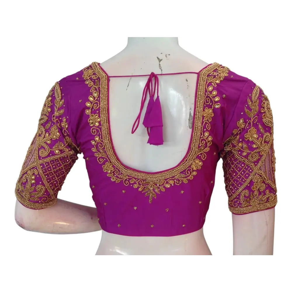 Purple Wedding Silk Saree Blouse with Intricate Aari Handwork - Luxurious - D3blouses