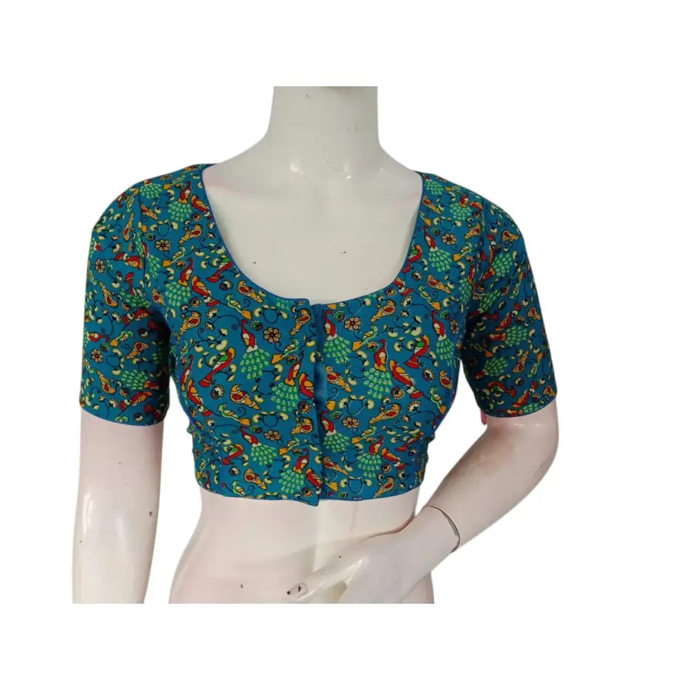 Radiance: Blue Color Cotton Printed Readymade Saree Blouse - D3blouses