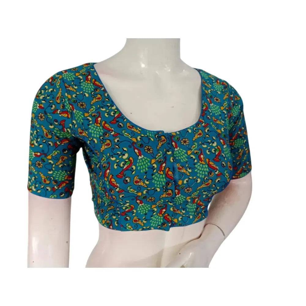 Radiance: Blue Color Cotton Printed Readymade Saree Blouse - D3blouses