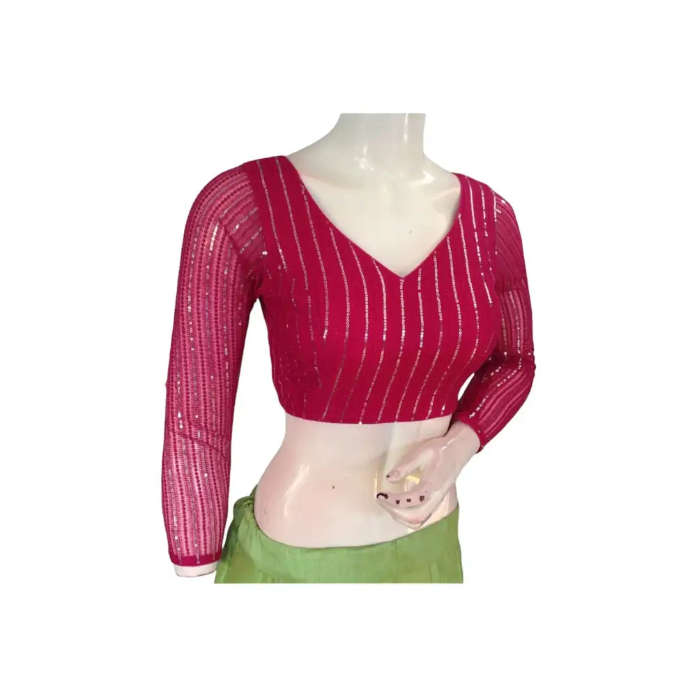 Radiant Magenta Net Sequin Blouse with Bracelet Sleeves - D3blouses