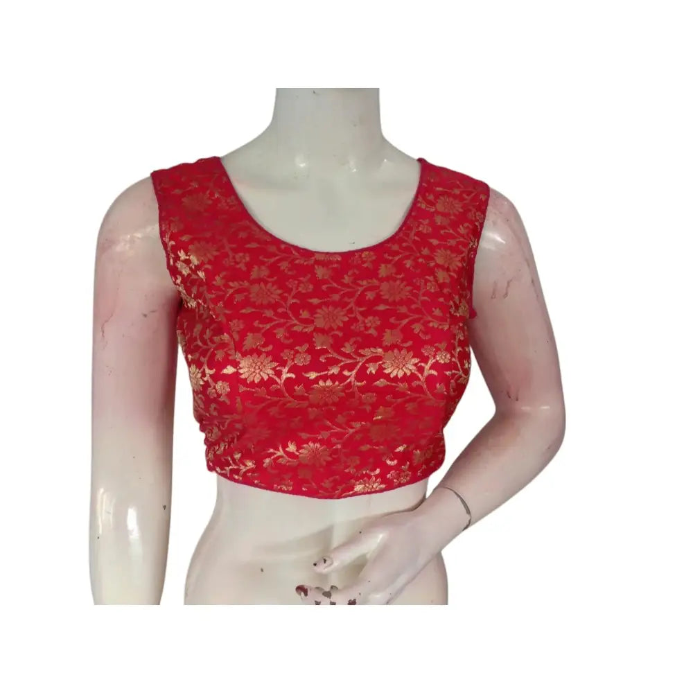 Radiant Raspberry Red Banarasi Silk Readymade Blouse: A Touch of Romance - D3blouses