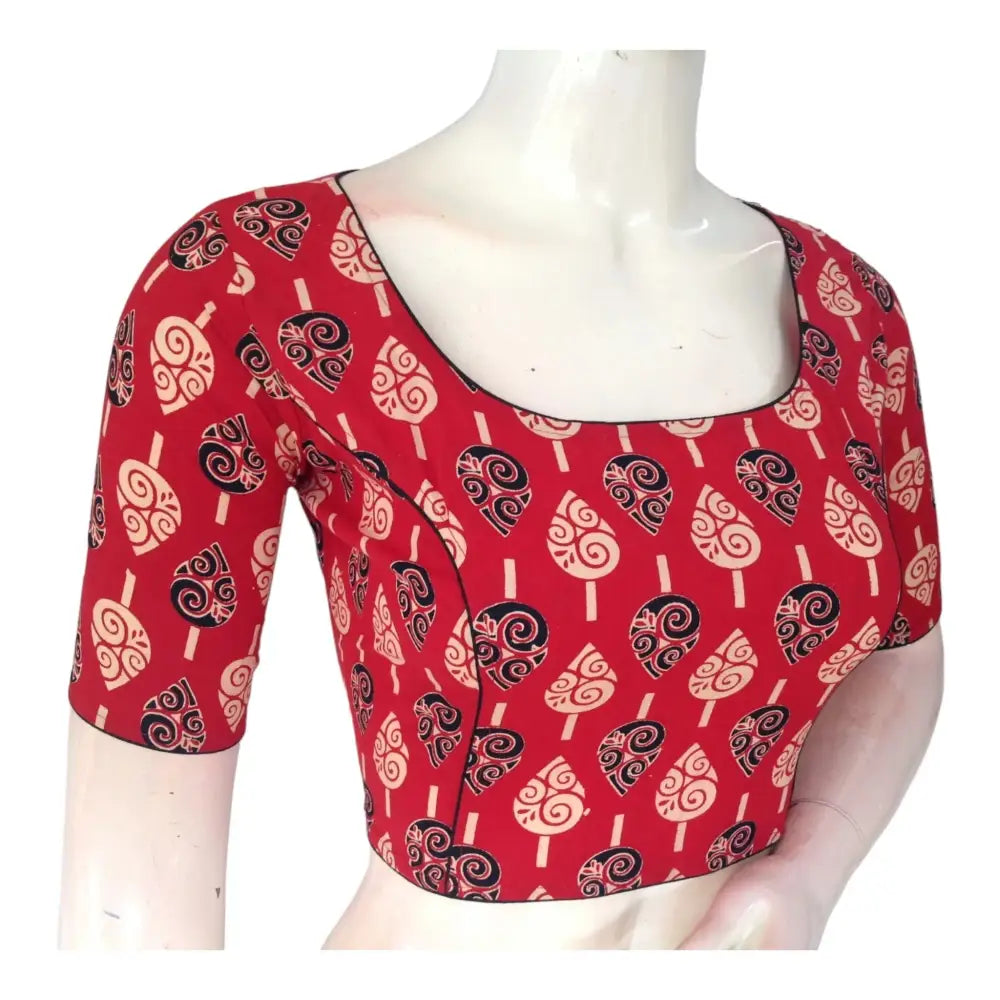 Radiant Red High Neck Saree Blouse | Ready made | Premium Cotton | Made in India - D3blouses