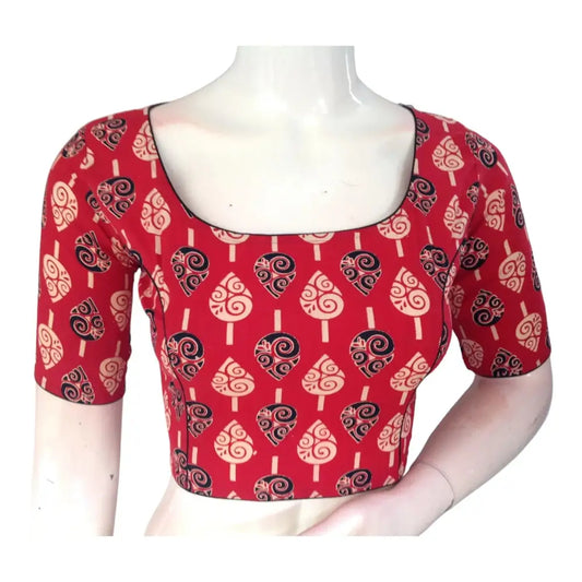 Radiant Red High Neck Saree Blouse | Ready made | Premium Cotton | Made in India - D3blouses