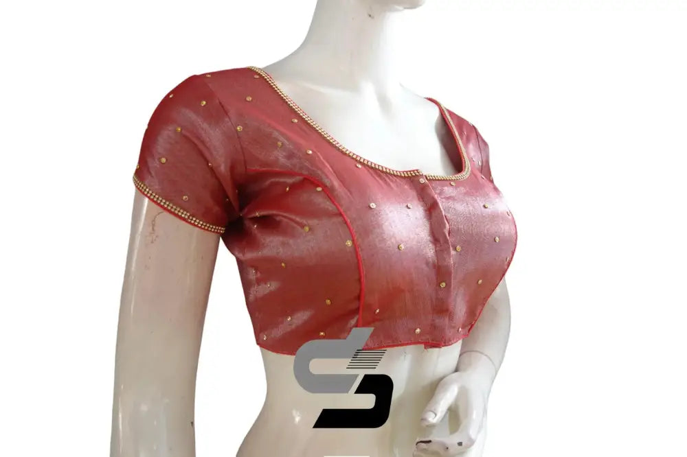 Radiant Red, Plain Moti Tissue Readymade Blouses - D3blouses