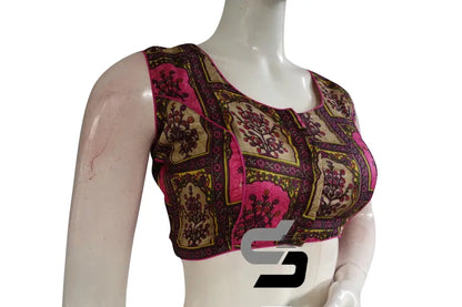 Rani Pink Color Printed silk Sleeveless Readymade saree blouse - D3blouses