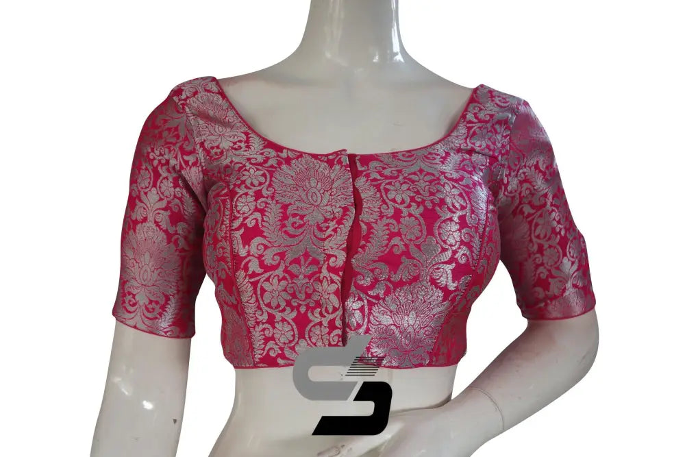 Rani Pink Color Silver Mix Banaras Brocade Designer Readymade Saree Blouses. - D3blouses