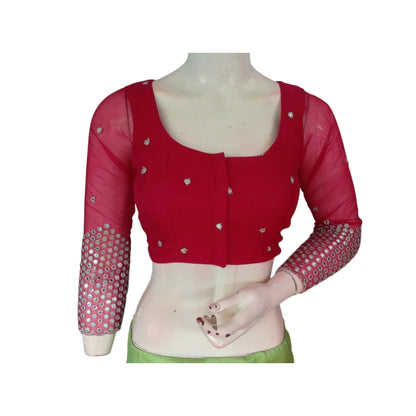 Rani Pink Elegance: Designer Net Foil Mirror Blouse with Bracelet Sleeve - D3blouses