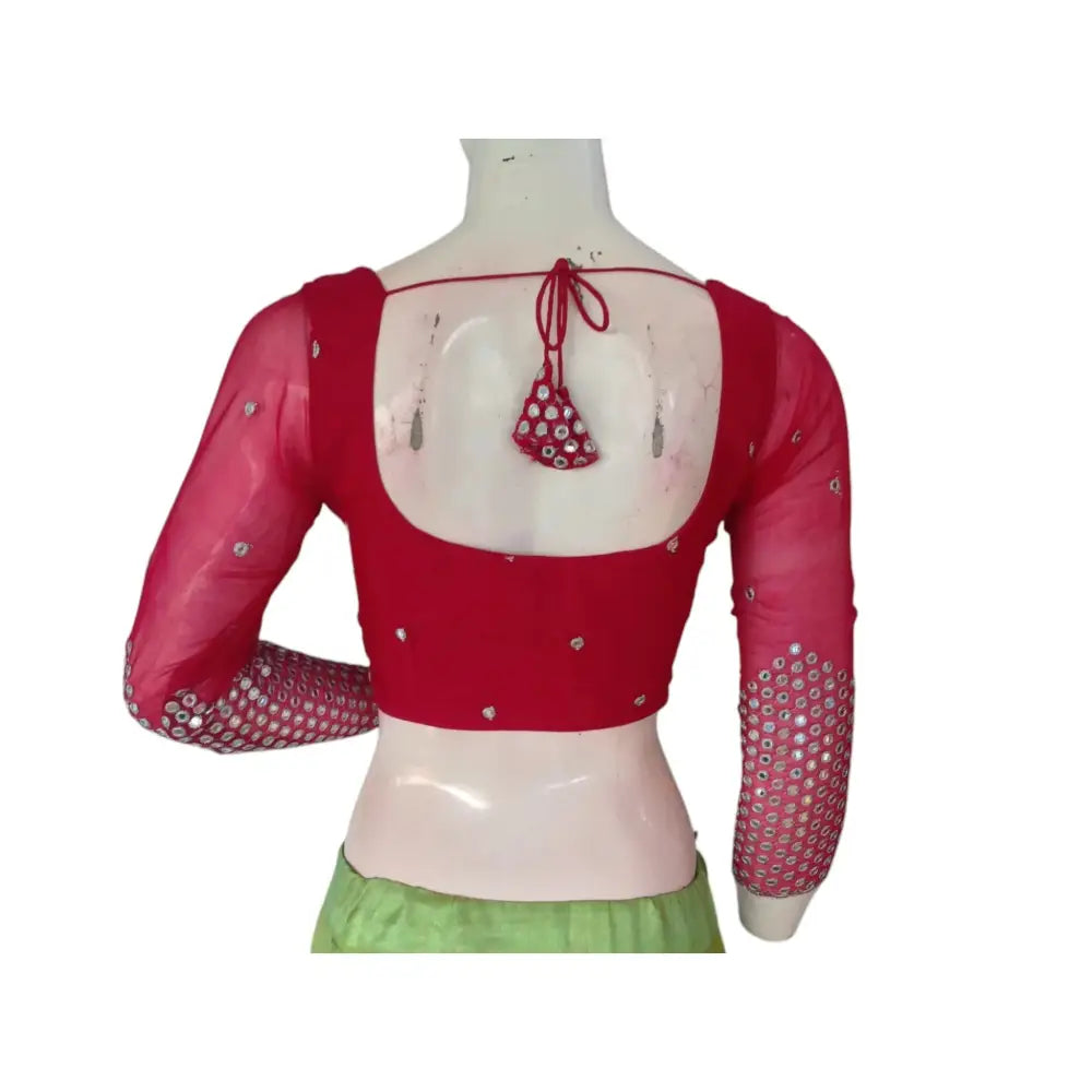Rani Pink Elegance: Designer Net Foil Mirror Blouse with Bracelet Sleeve - D3blouses