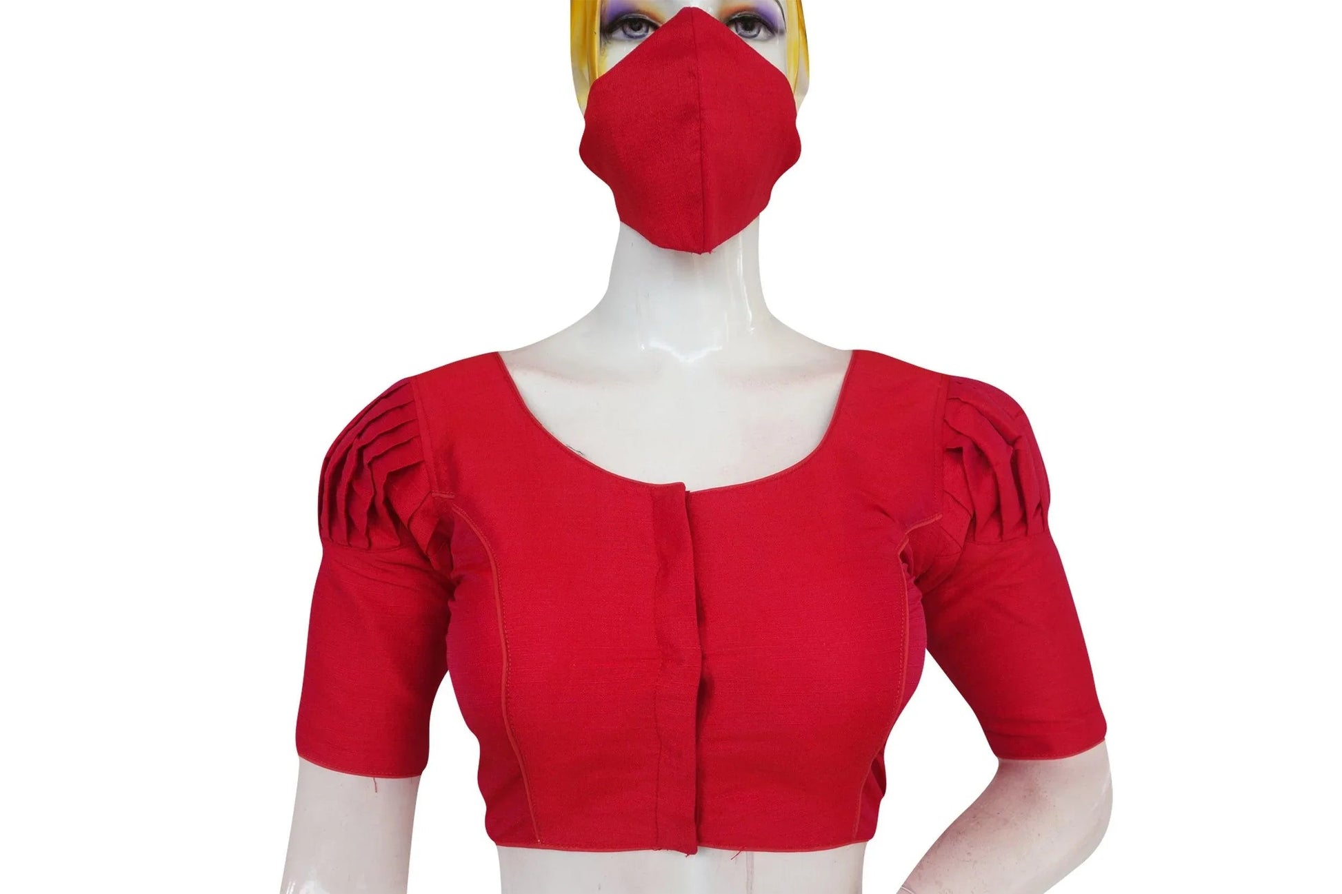 Raspberry Pink Blossom, Plain Puff Sleeve Readymade Blouse with Matching Face Mask - D3blouses