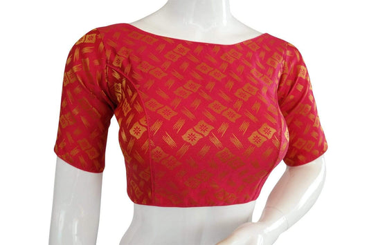 Raspberry Pink Color Brocade Silk Designer Boat Neck Ready-made saree blouse with Potli Button, Indian Silk saree Ready-made blouse - D3blouses