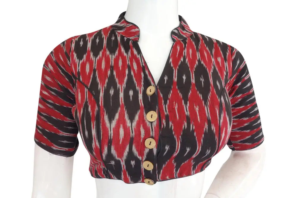 Ready-to-Wear Elegance, Chic Black Ikkat Collar Designer Blouse - D3blouses