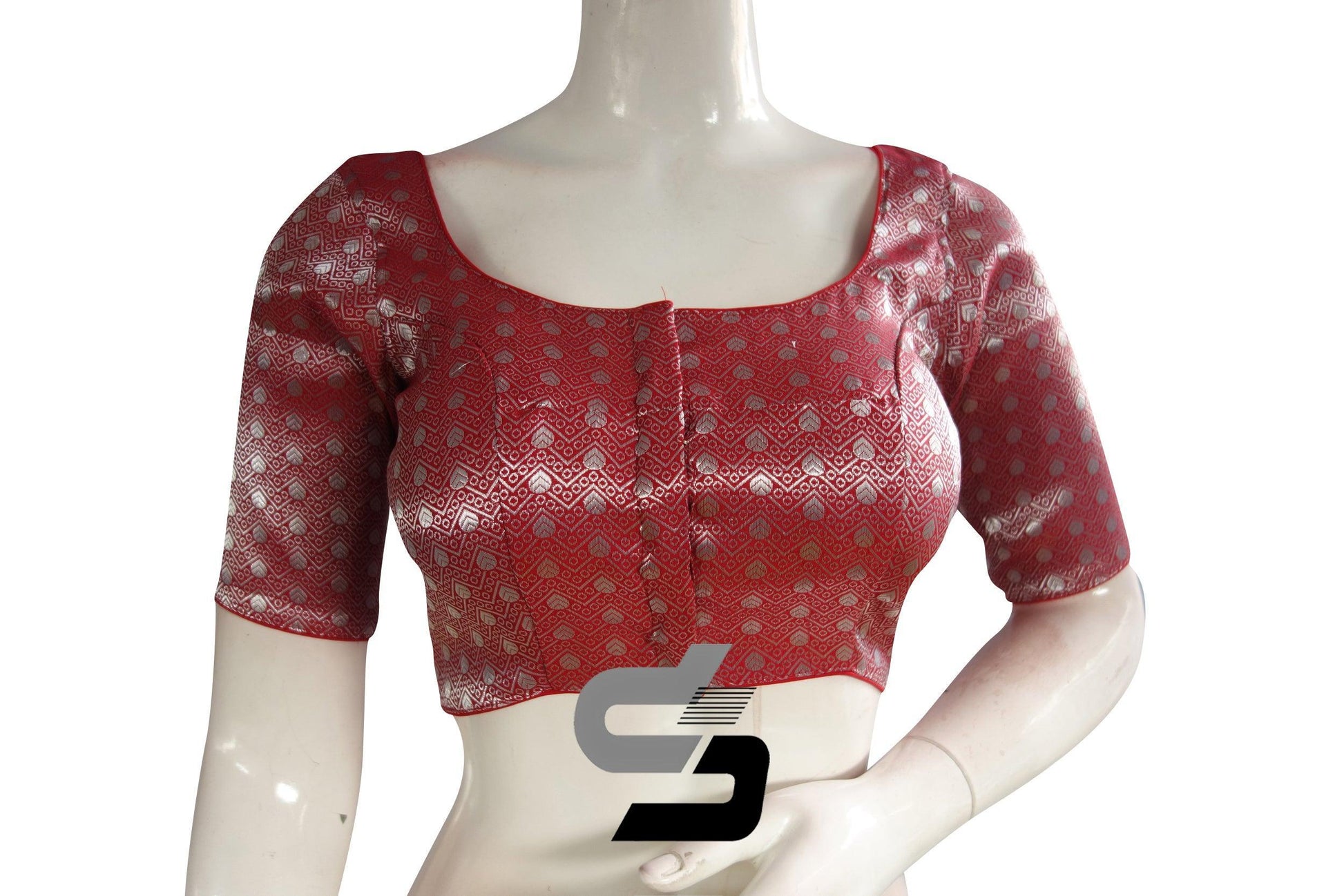 Red And Silver Mixed Brocade Silk Readymade Saree Blouse - D3blouses