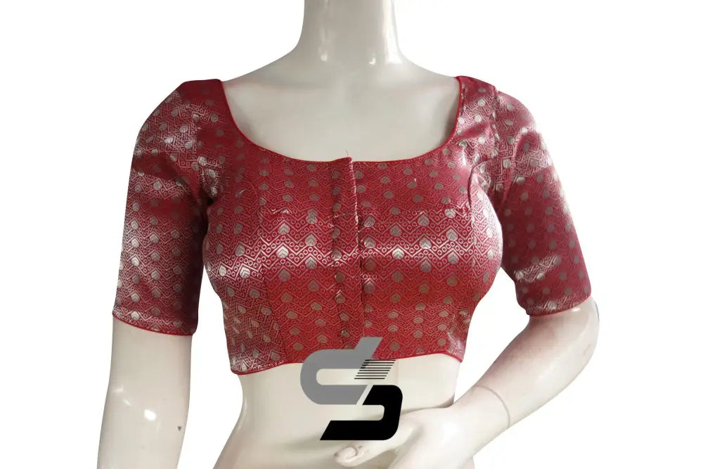 Red And Silver Mixed Brocade Silk Readymade Saree Blouse - D3blouses