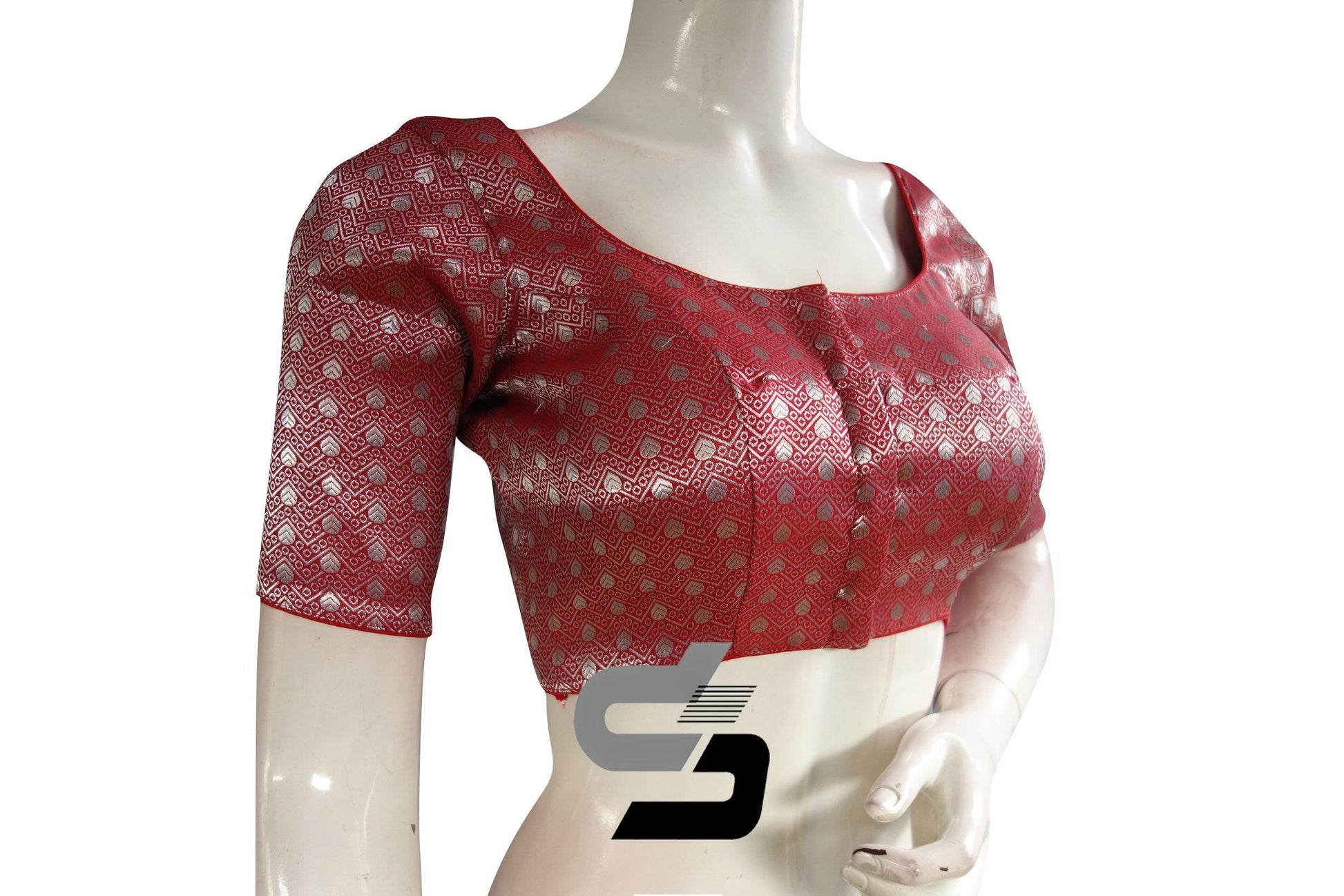 Red And Silver Mixed Brocade Silk Readymade Saree Blouse - D3blouses