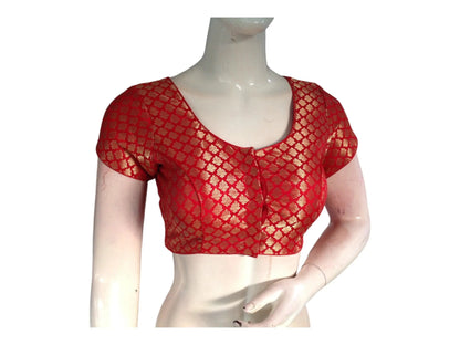 Red Banaras Brocade Readymade Saree Blouse With Border Sleeves - D3blouses