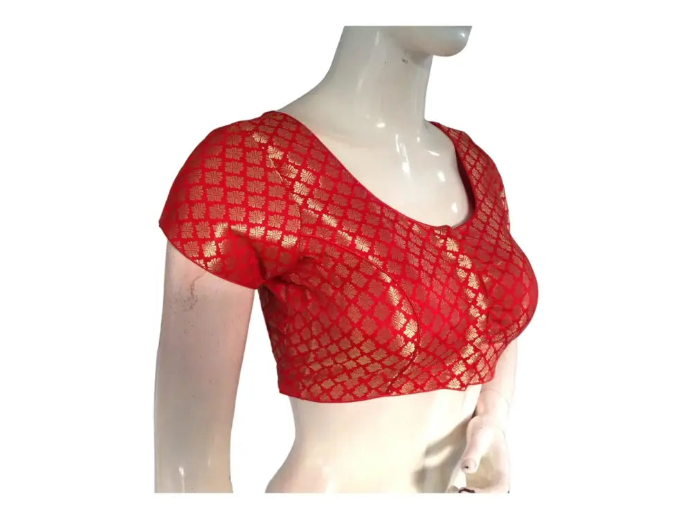 Red Banaras Brocade Readymade Saree Blouse With Border Sleeves - D3blouses