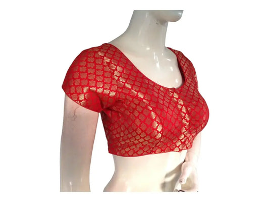 Red Banaras Brocade Readymade Saree Blouse With Border Sleeves - D3blouses