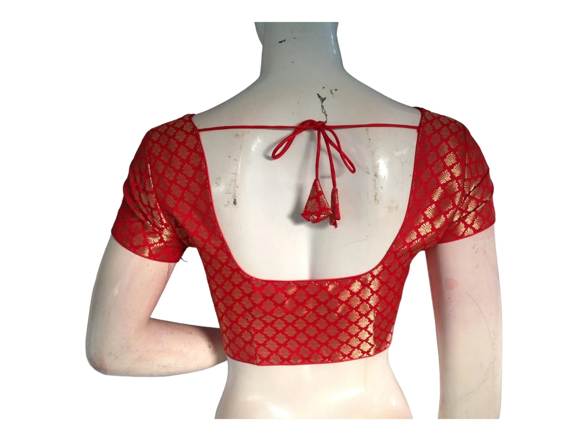 Red Banaras Brocade Readymade Saree Blouse With Border Sleeves - D3blouses