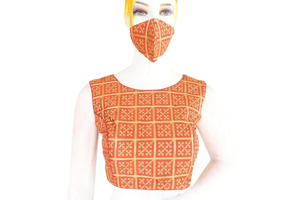 Red Color Banaras Brocade Silk Readymade Blouse with Matching Mask - D3blouses