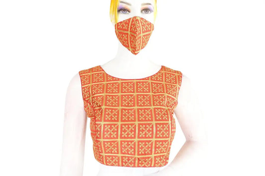 Red Color Banaras Brocade Silk Readymade Blouse with Matching Mask - D3blouses