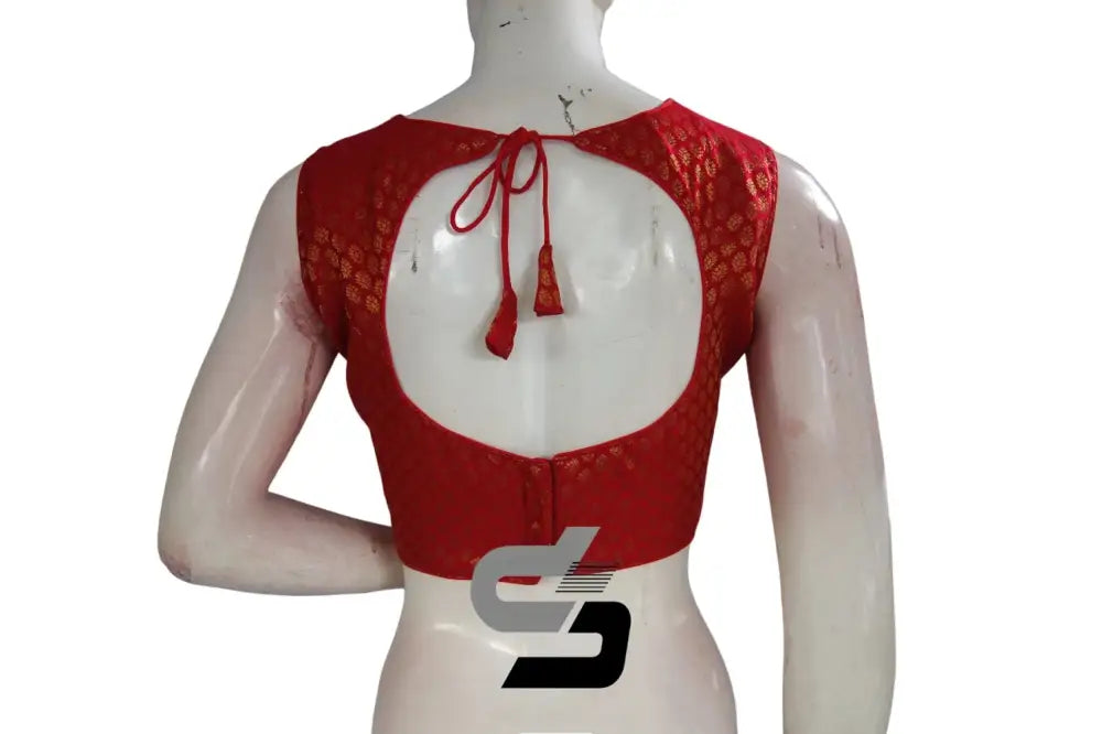 Red Color Boat Neck Brocade silk Readymade saree blouse, Indian Readymade blouse, Crop top, - D3blouses