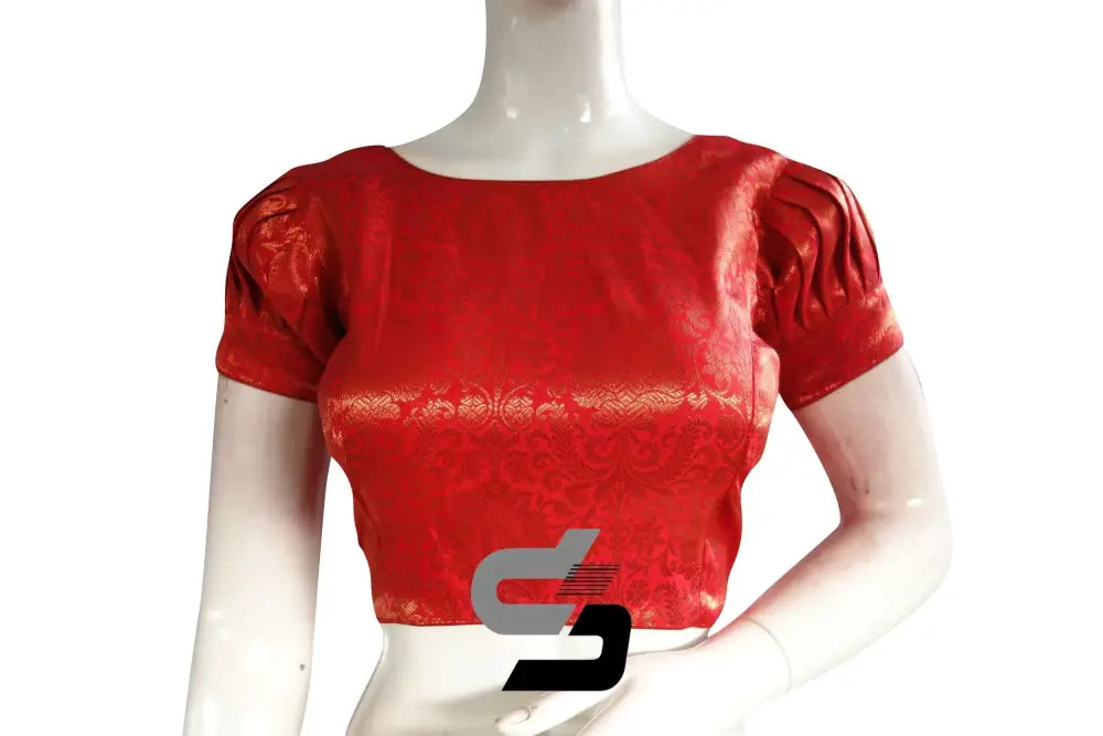 Red Color Brocade Puff Sleeves Readymade Saree Blouse With Boat Neck - D3blouses