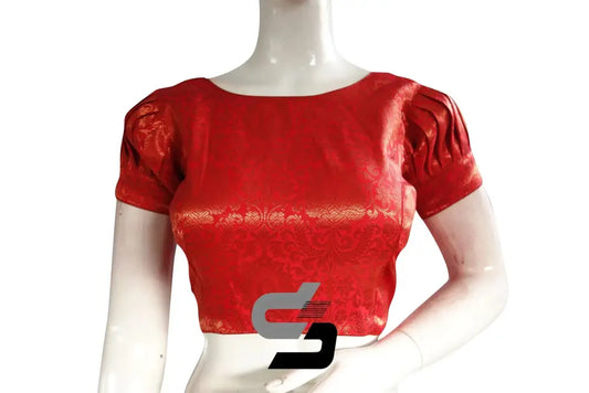 Red Color Brocade Puff Sleeves Readymade Saree Blouse With Boat Neck - D3blouses
