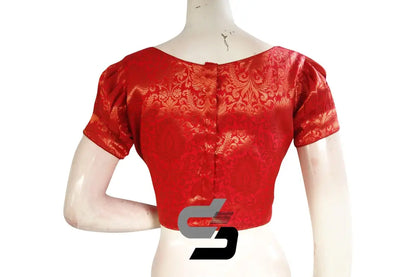 Red Color Brocade Puff Sleeves Readymade Saree Blouse With Boat Neck - D3blouses