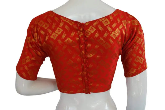 Red Color Brocade Silk Designer Boat Neck Ready-made saree blouse with Potli Button, Indian Silk saree Ready-made blouse - D3blouses