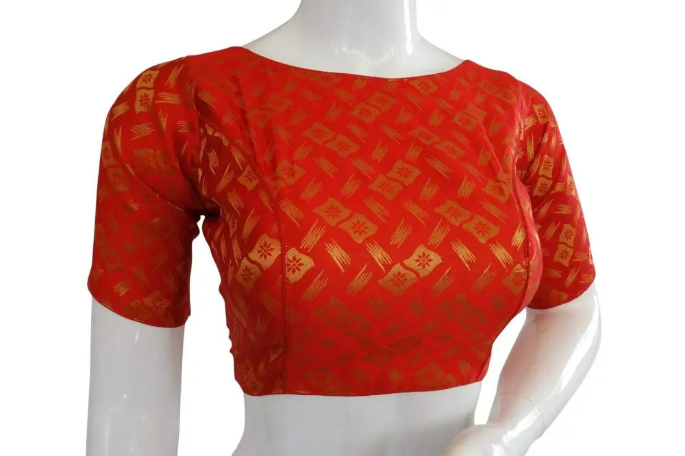 Red Color Brocade Silk Designer Boat Neck Ready-made saree blouse with Potli Button, Indian Silk saree Ready-made blouse - D3blouses