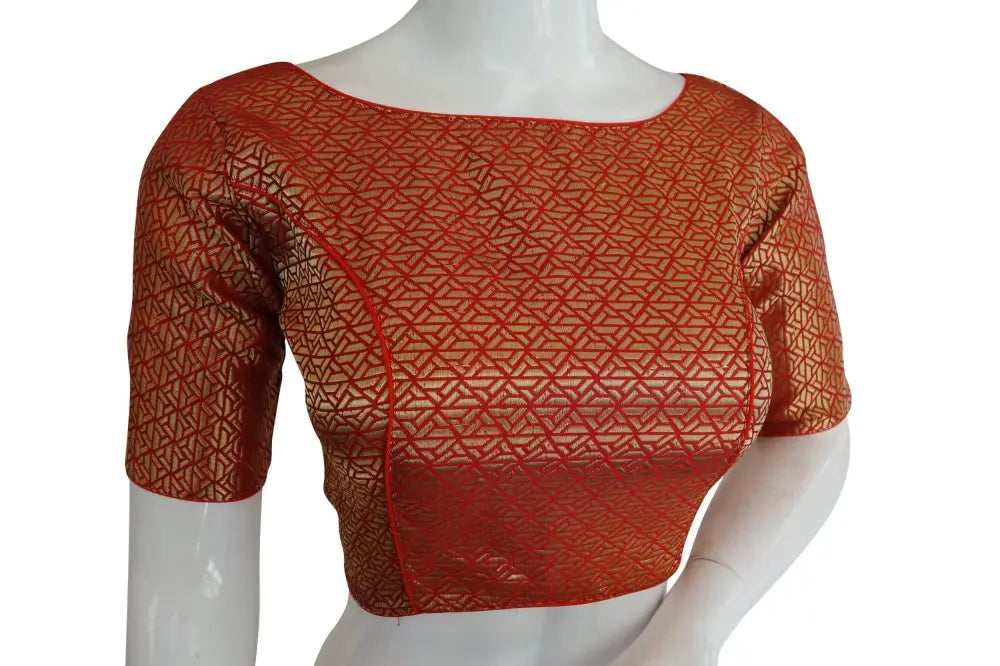 Red Color Brocade Silk Designer Boat Neck Readymade saree blouse with Potli Button , Indian Silk saree Readymade blouse - D3blouses