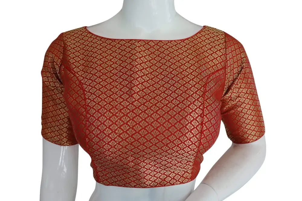 Red Color Brocade Silk Designer Boat Neck Readymade saree blouse with Potli Button , Indian Silk saree Readymade blouse - D3blouses