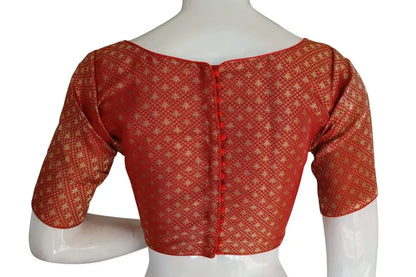 Red Color Brocade Silk Designer Boat Neck Readymade saree blouse with Potli Button , Indian Silk saree Readymade blouse - D3blouses
