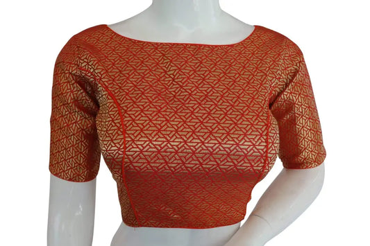 Red Color Brocade Silk Designer Boat Neck Readymade saree blouse with Potli Button , Indian Silk saree Readymade blouse - D3blouses