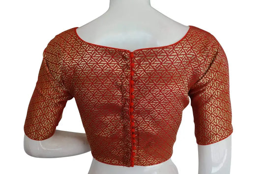 Red Color Brocade Silk Designer Boat Neck Readymade saree blouse with Potli Button , Indian Silk saree Readymade blouse - D3blouses