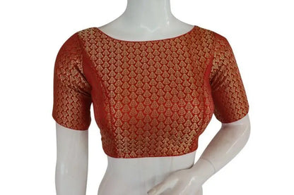 Red Color Brocade Silk Designer Boat Neck Readymade saree blouse with Potli Button , Indian Silk saree Readymade blouse - D3blouses