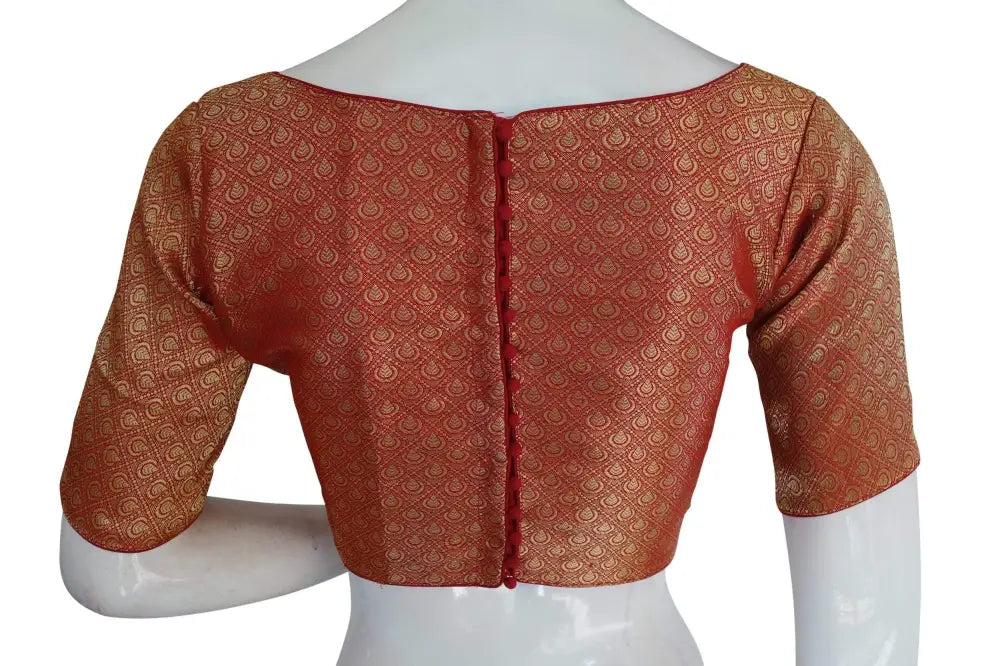 Red Color Brocade Silk Designer Boat Neck Readymade saree blouse with Potli Button , Indian Silk saree Readymade blouse - D3blouses