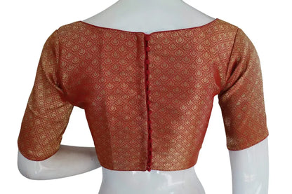Red Color Brocade Silk Designer Boat Neck Readymade saree blouse with Potli Button , Indian Silk saree Readymade blouse - D3blouses