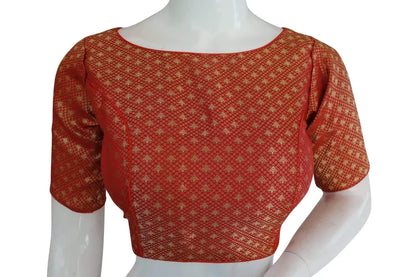 Red Color Brocade Silk Designer Boat Neck Readymade saree blouse with Potli Button , Indian Silk saree Readymade blouse - D3blouses