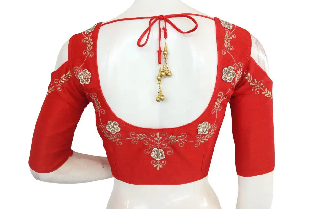 Red Color Designer Embroidered Readymade Blouse with Cold Shoulder - D3blouses