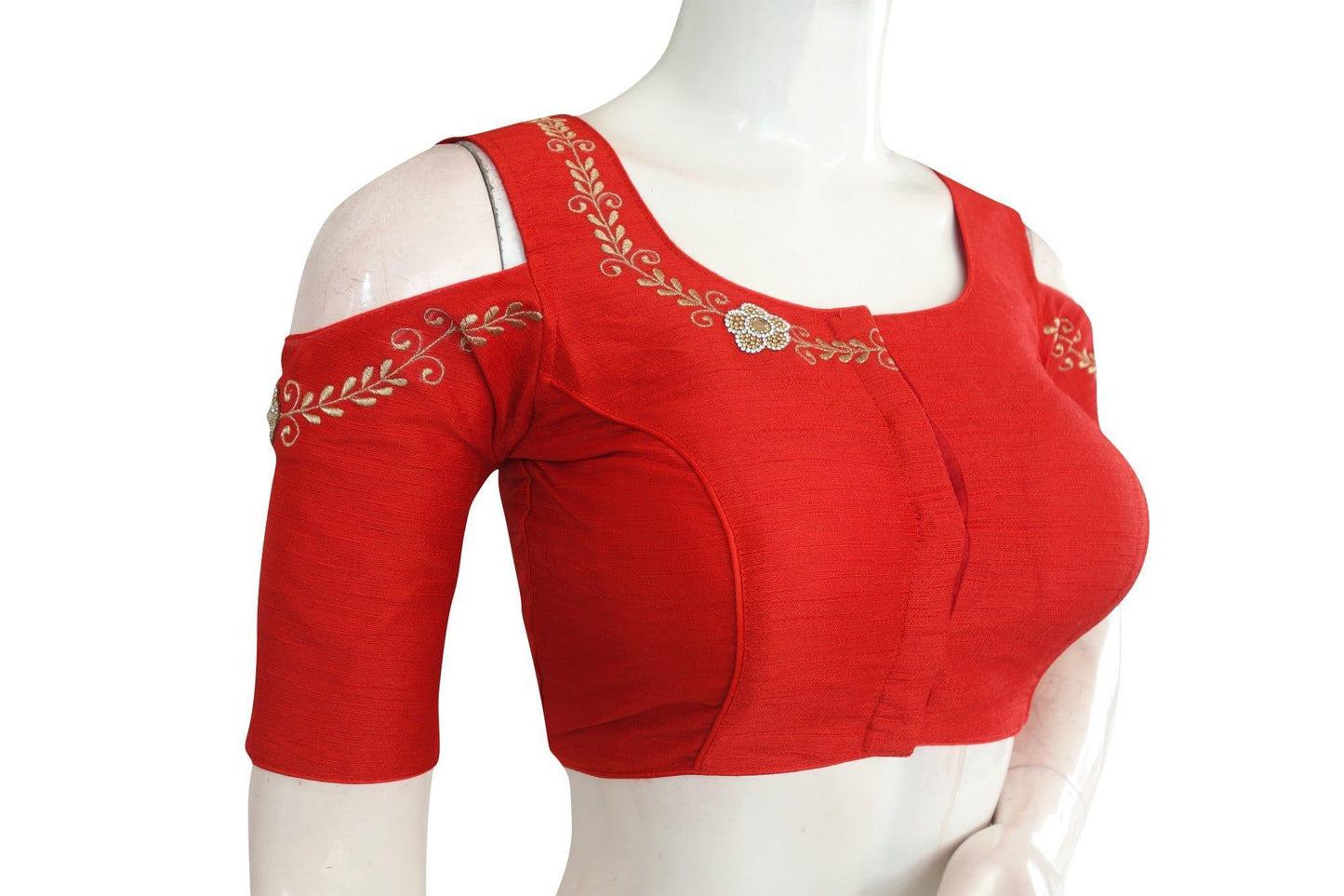 Red Color Designer Embroidered Readymade Blouse with Cold Shoulder - D3blouses