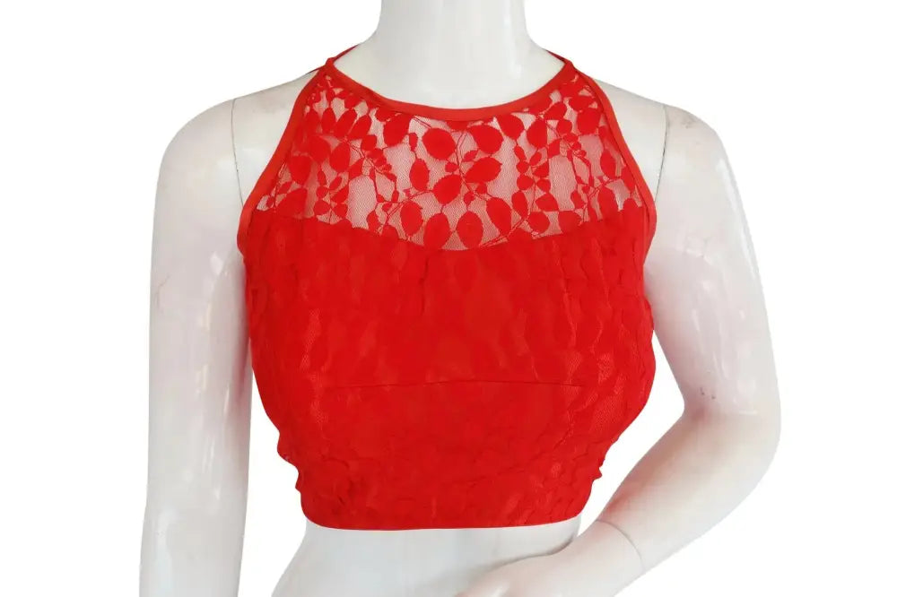 Red Color Designer Floral Embossed Net Sleeveless Readymade saree blouse, Indian saree Readymade blouse - D3blouses