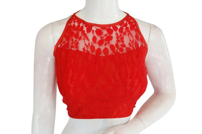 Red Color Designer Floral Embossed Net Sleeveless Readymade saree blouse, Indian saree Readymade blouse - D3blouses