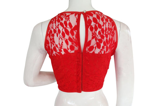 Red Color Designer Floral Embossed Net Sleeveless Readymade saree blouse, Indian saree Readymade blouse - D3blouses